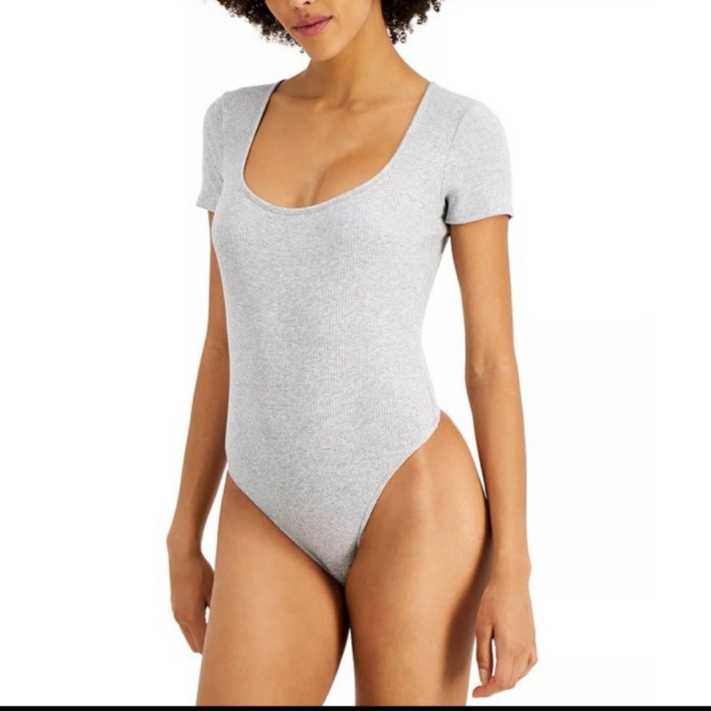 Jenni intimates-Light Gray Ribbed Short Sleeve Thong Bodysuit-XL